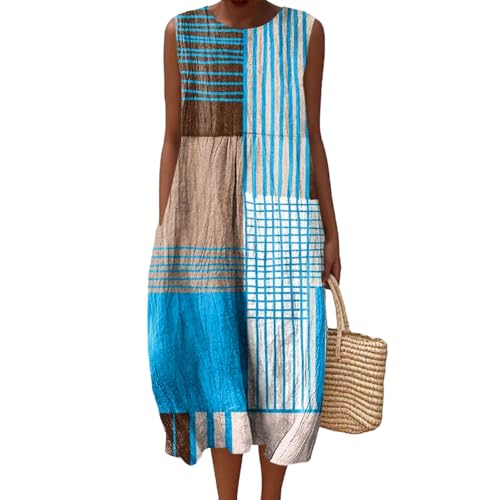 Musselin Kleid Damen Leinen Sommerkleid Leicht und Luftig Knielang Strandkleid Casual Ärmellos Rundhals Leinenkleid Retro Blumendruck Leinen Midikleid Locker A-Linie Freizeitkleid mit Taschen von Mfhmom