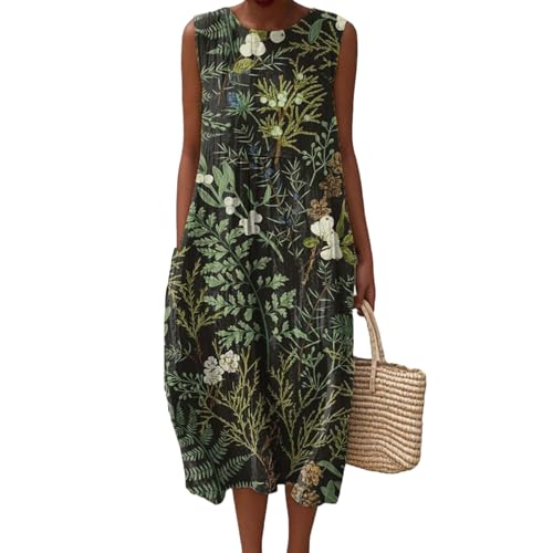 Musselin Kleid Damen Leinen Sommerkleid Leicht und Luftig Knielang Strandkleid Casual Ärmellos Rundhals Leinenkleid Retro Blumendruck Leinen Midikleid Locker A-Linie Freizeitkleid mit Taschen von Mfhmom