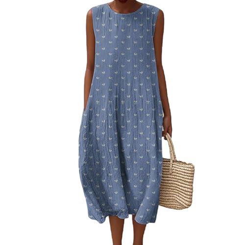 Musselin Kleid Damen Leinen Sommerkleid Leicht und Luftig Knielang Strandkleid Casual Ärmellos Rundhals Leinenkleid Retro Blumendruck Leinen Midikleid Locker A-Linie Freizeitkleid mit Taschen von Mfhmom