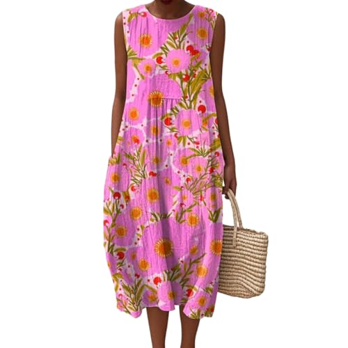 Musselin Kleid Damen Leinen Sommerkleid Leicht und Luftig Knielang Strandkleid Casual Ärmellos Rundhals Leinenkleid Retro Blumendruck Leinen Midikleid Locker A-Linie Freizeitkleid mit Taschen von Mfhmom