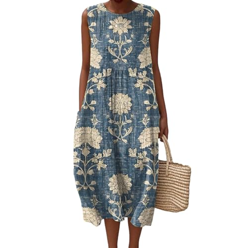 Musselin Kleid Damen Leinen Sommerkleid Leicht und Luftig Knielang Strandkleid Casual Ärmellos Rundhals Leinenkleid Retro Blumendruck Leinen Midikleid Locker A-Linie Freizeitkleid mit Taschen von Mfhmom