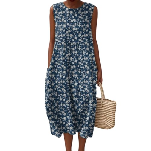 Musselin Kleid Damen Leinen Sommerkleid Leicht und Luftig Knielang Strandkleid Casual Ärmellos Rundhals Leinenkleid Retro Blumendruck Leinen Midikleid Locker A-Linie Freizeitkleid mit Taschen von Mfhmom