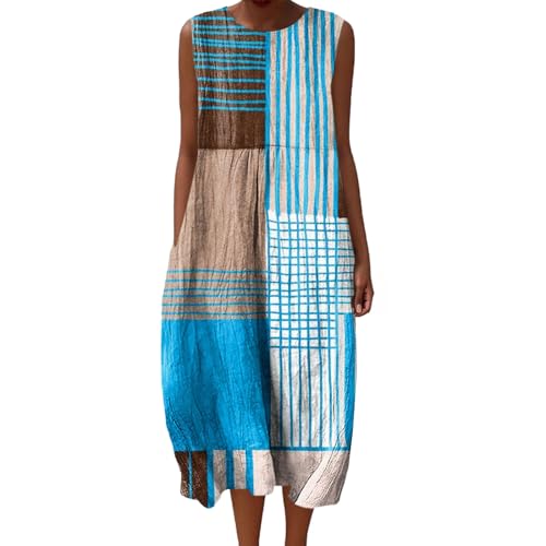 Musselin Kleid Damen Sommer Ärmellos Leinenkleid mit Taschen Rundhals Boho Freizeitkleid Knielang A-Linie Blumendruck Tunika Baumwolle Luftig Vintage Leichtes Strandkleid für Urlaub Übergröße von Mfhmom