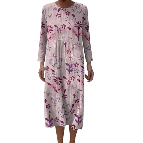 Musselin Sommerkleid Damen Leinen Kleider Herbstkleid Leichte Luftige Rundhals Große Größen Knielang Leinenkleid Vintage Blumenkleid Langarm Freizeitkleid Komfortabel Boho A-Linien Blusenkleid von Mfhmom