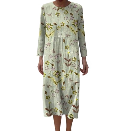 Musselin Sommerkleid Damen Leinen Kleider Herbstkleid Leichte Luftige Rundhals Große Größen Knielang Leinenkleid Vintage Blumenkleid Langarm Freizeitkleid Komfortabel Boho A-Linien Blusenkleid von Mfhmom