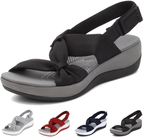 Sandalen Damen Sommer Elegante Frauen Bequeme Orthopädische Stützschuhe Fußgewölbe Sandalen Gehen Weiche Kissen Sport Sandalen Breite Passform Sommer Mit Klettverschluss, Schwarz , 39 EU von Mfhmom