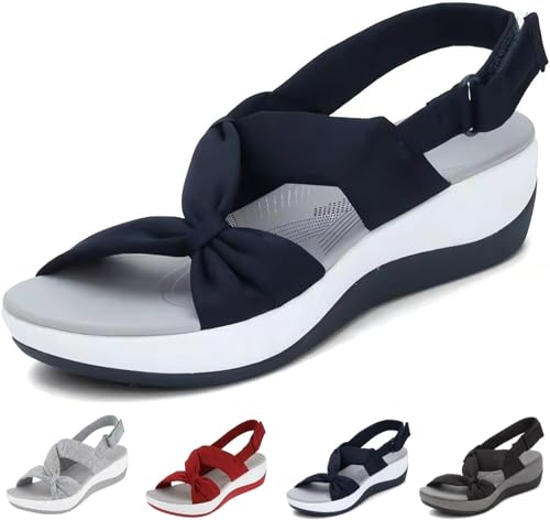 Sandalen Damen Sommer Elegante Frauen Bequeme Orthopädische Stützschuhe Fußgewölbe Sandalen Gehen Weiche Kissen Sport Sandalen Breite Passform Sommer Mit Klettverschluss, blau, 39 EU von Mfhmom