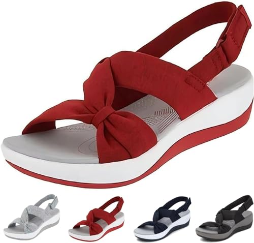 Sandalen Damen Sommer Elegante Frauen Bequeme Orthopädische Stützschuhe Fußgewölbe Sandalen Gehen Weiche Kissen Sport Sandalen Breite Passform Sommer Mit Klettverschluss, rot, 38 EU von Mfhmom