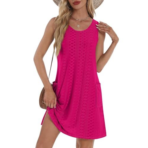 Sommerkleid Damen Ärmellos Rundhalsausschnitt Strandkleid Leicht Luftige Boho Kleid Knielang Swing Tank Kleider Mit Taschen Freizeitkleid Sommerkleider Strandkleider von Mfhmom