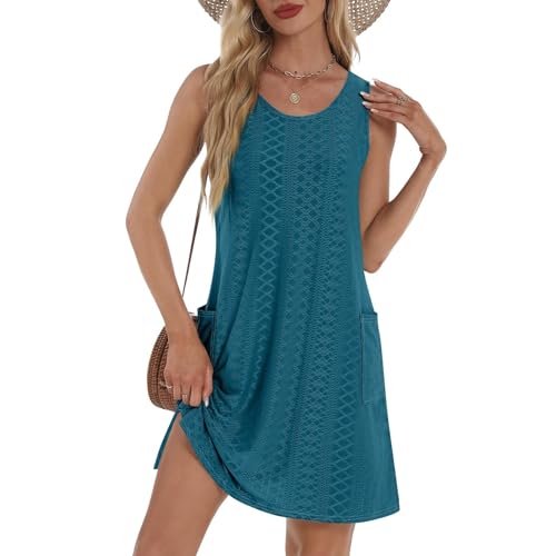 Sommerkleid Damen Ärmellos Rundhalsausschnitt Strandkleid Leicht Luftige Boho Kleid Knielang Swing Tank Kleider Mit Taschen Freizeitkleid Sommerkleider Strandkleider von Mfhmom
