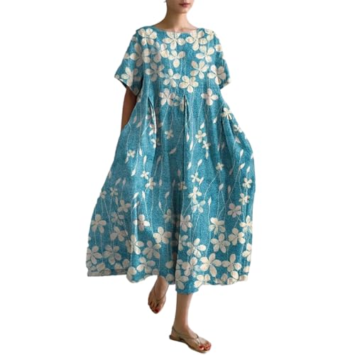 Sommerkleid Damen Leicht Tunikakleid Sommer Vintage Blumen Print Lange Blusenkleid Puffärmel Kleider Große Größen Rundhals Short Ärmel Strandkleider Casual Sommerkleider Maxikleid Freizeitkleider von Mfhmom