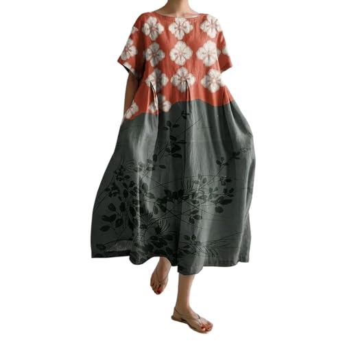 Sommerkleid Damen Leicht Tunikakleid Sommer Vintage Blumen Print Lange Blusenkleid Puffärmel Kleider Große Größen Rundhals Short Ärmel Strandkleider Casual Sommerkleider Maxikleid Freizeitkleider von Mfhmom