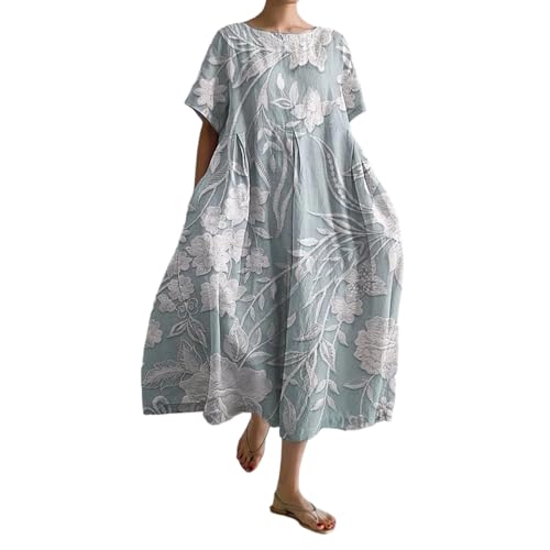 Sommerkleid Damen Leicht Tunikakleid Sommer Vintage Blumen Print Lange Blusenkleid Puffärmel Kleider Große Größen Rundhals Short Ärmel Strandkleider Casual Sommerkleider Maxikleid Freizeitkleider von Mfhmom