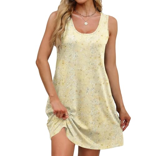 Sommerkleid Damen U-Ausschnitt Ärmelloses Strandkleid Knielang A-Linie Sommerkleider Blumen Druck Leicht Luftig Kurz Kleider Freizeitkleider Bikini Cover Up Swing Tank Kleid mit Taschen von Mfhmom