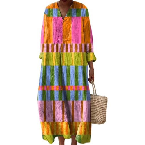 Strandkleid Sommerkleid Damen Leicht Plissiertes Musselinkleid Lässiges V-Ausschnitt Vintage Blumendruck Knielanges Elegantes Langarmkleid Leichtes Atmungsaktives Midikleid mit Taschen A-Linien-Rock von Mfhmom