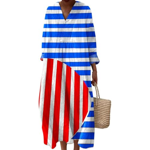 Strandkleid Sommerkleid Damen Leicht Plissiertes Musselinkleid Lässiges V-Ausschnitt Vintage Blumendruck Knielanges Elegantes Langarmkleid Leichtes Atmungsaktives Midikleid mit Taschen A-Linien-Rock von Mfhmom