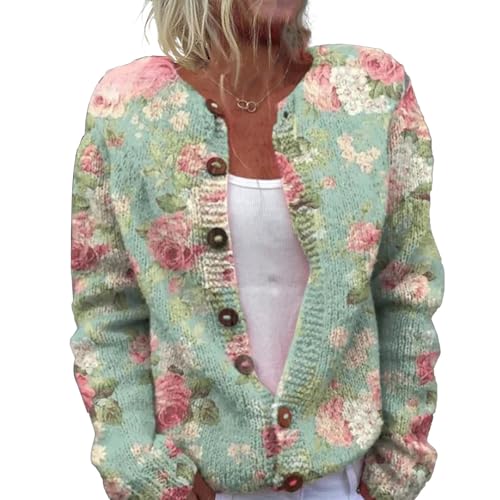 Strickjacke Damen Casual 3D Drucken Gestrickter Strickjacke Locker Komfort Alle Spiele Knitted Cardigan Top für Herbst Winter Übergröße V-Ausschnitt Langärmelig mit Knöpfe Cropped Strickcardigan von Mfhmom