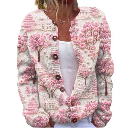 Strickjacke Damen Casual 3D Drucken Gestrickter Strickjacke Locker Komfort Alle Spiele Knitted Cardigan Top für Herbst Winter Übergröße V-Ausschnitt Langärmelig mit Knöpfe Cropped Strickcardigan von Mfhmom