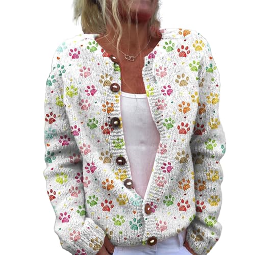 Strickjacke Damen Grobstrickjacke Lang Herbst Cardigan Winter Pullover Ugly Weihnachtes Weatershirt Gemustert Strickpullover Cute Front 3D Digital Bedruckte Mantel Jacke Strickcardigan mit Knöpfen von Mfhmom