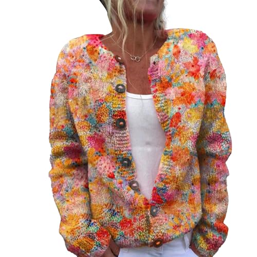 Strickjacke Damen Lang Herbst Cardigan Winter Pullover Ugly Weatershirt Weihnachtes Grob Cardigans mit Knöpfen Cute Front 3D Digital Bedruckte Mantel Jacke Strickcardigan Gemustert Strickpullover von Mfhmom