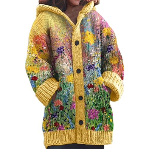 Strickjacke Damen Lang Hoodie Cardigan Elegant V-Ausschnitt Herbst Winter Strickcardigan Lässig Oversize Locker 3D Digital Bedruckte Strickmantel Halloween Sweater Weihnachtspullover Mit Knöpfen von Mfhmom