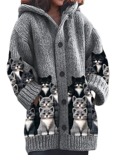 Strickjacke Damen Winter Sweaters Weihnachtes Steppjacke Grobstrick mit Kapuze Cardigan 3D Digital Bedruckte Sweaterjacke Alpaka Lang Strickpullover Kapuzenjacke Sweatshirt Warm Grobstrickpullover von Mfhmom