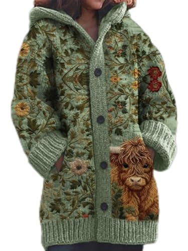 Strickjacke Damen Winter Sweaters Weihnachtes Steppjacke Grobstrick mit Kapuze Cardigan 3D Digital Bedruckte Sweaterjacke Alpaka Lang Strickpullover Kapuzenjacke Sweatshirt Warm Grobstrickpullover von Mfhmom
