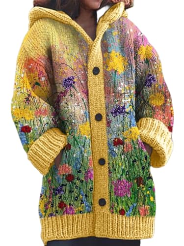 Strickjacke Damen Winter Sweaters Weihnachtes Steppjacke Grobstrick mit Kapuze Cardigan 3D Digital Bedruckte Sweaterjacke Alpaka Lang Strickpullover Kapuzenjacke Sweatshirt Warm Grobstrickpullover von Mfhmom