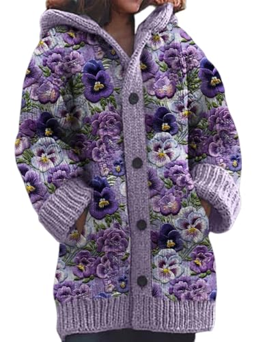 Strickjacke Damen Winter Sweaters Weihnachtes Steppjacke Grobstrick mit Kapuze Cardigan 3D Digital Bedruckte Sweaterjacke Alpaka Lang Strickpullover Kapuzenjacke Sweatshirt Warm Grobstrickpullover von Mfhmom