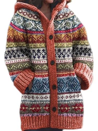 Strickjacke Damen Winter Sweaters Weihnachtes Steppjacke Grobstrick mit Kapuze Cardigan 3D Digital Bedruckte Sweaterjacke Alpaka Lang Strickpullover Kapuzenjacke Sweatshirt Warm Grobstrickpullover von Mfhmom
