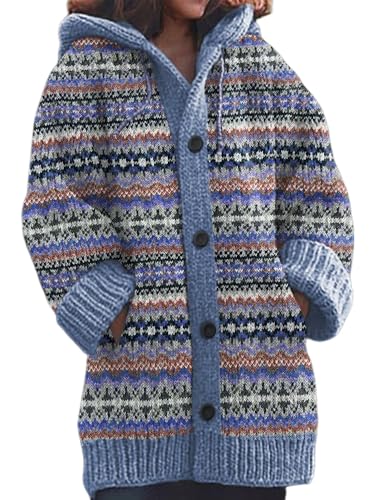 Strickjacke Damen Winter Sweaters Weihnachtes Steppjacke Grobstrick mit Kapuze Cardigan 3D Digital Bedruckte Sweaterjacke Alpaka Lang Strickpullover Kapuzenjacke Sweatshirt Warm Grobstrickpullover von Mfhmom