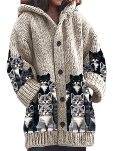 Strickjacke Damen Winter Sweaters Weihnachtes Steppjacke Grobstrick mit Kapuze Cardigan 3D Digital Bedruckte Sweaterjacke Alpaka Lang Strickpullover Kapuzenjacke Sweatshirt Warm Grobstrickpullover von Mfhmom