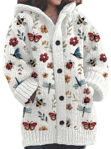 Strickjacke Damen Winter Sweaters Weihnachtes Warm Sweatshirt Steppjacke Grobstrick mit Kapuze Cardigan 3D Digital Bedruckte Sweaterjacke Alpaka Lang Strickpullover Kapuzenjacke Grobstrickpullover von Mfhmom