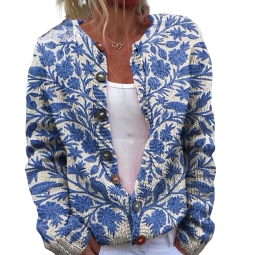 Strickjacke Female Elegant Leichte Kurze 3D Drucken Strickmantel V-Ausschnitt Knopfleiste Pullover Strick Cardigan Mantel Lange Ärmel Keine Taschen für Herbst Winter Übergröße Strickcardigan von Mfhmom