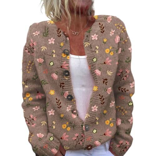 Strickjacke Female Elegant Leichte Kurze 3D Drucken Strickmantel V-Ausschnitt Knopfleiste Pullover Strick Cardigan Mantel Lange Ärmel Keine Taschen für Herbst Winter Übergröße Strickcardigan von Mfhmom