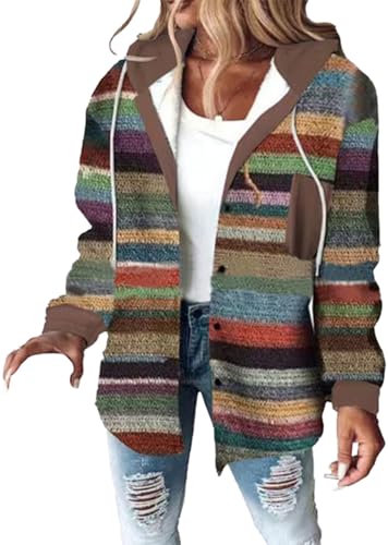 Teddy Fleecejacke Damen Lässige Kariertes Plüschjacke Wolljacke Mantel Warme Winterjacke mit Kapuze Hemdjacke Umlegekragen Langarm Fleecejacke Strickjacke mit Knöpfen Stilvoller Wintermantel von Mfhmom