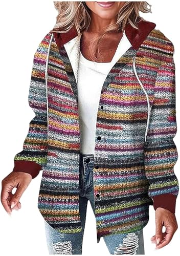 Teddy Fleecejacke Damen Lässige Kariertes Plüschjacke Wolljacke Mantel Warme Winterjacke mit Kapuze Hemdjacke Umlegekragen Langarm Fleecejacke Strickjacke mit Knöpfen Stilvoller Wintermantel von Mfhmom