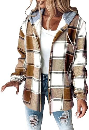 Teddy Fleecejacke Damen Lässige Kariertes Plüschjacke Wolljacke Mantel Warme Winterjacke mit Kapuze Hemdjacke Umlegekragen Langarm Fleecejacke Strickjacke mit Knöpfen Stilvoller Wintermantel von Mfhmom