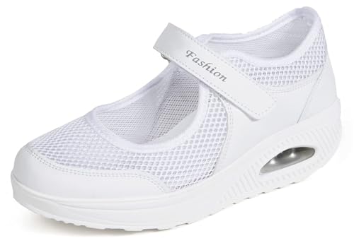 Wanderschuhe für Damen, Sommer, Wanderschuhe für Damen mit Klettverschluss, leicht, Turnschuhe, Krankenschwestern aus atmungsaktivem Mesh, Luftkissen aus Memory-Schaum, Weiß, 36 EU von Mfhmom