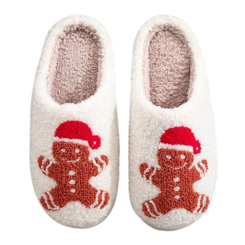 Weihnachts Hausschuhe Damen Herren Rentier Hausschuhe Plüsch Hausschuhe Winter Plüsch Rutschfest Chlappen Cozy Warme Slippers Flache Slippers Xmas Hüttenschuhe Heimschuhe(F01 Lebkuchenmann,38/39 EU) von Mfhmom