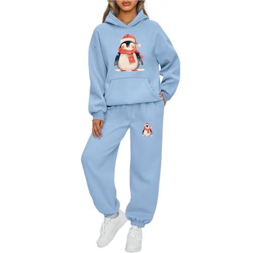 Weihnachts Jogginganzug Damen Set Funny Weihnachten Tracksuit 2-Teiliges Rentier Pinguin Hausanzug Frauen Kuschelig Langarm Kapuzenpullover und Jogginghose Warm Weihnachtsoutfit Trainingsanzug Set von Mfhmom