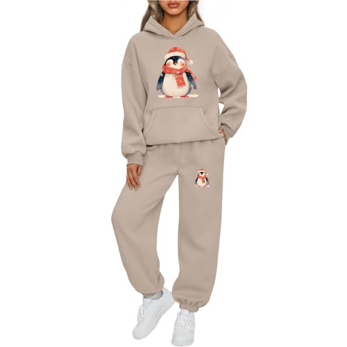 Weihnachts Jogginganzug Damen Set Funny Weihnachten Tracksuit 2-Teiliges Rentier Pinguin Hausanzug Frauen Kuschelig Langarm Kapuzenpullover und Jogginghose Warm Weihnachtsoutfit Trainingsanzug Set von Mfhmom