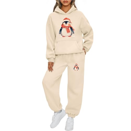Weihnachts Jogginganzug Damen Set Funny Weihnachten Tracksuit 2-Teiliges Rentier Pinguin Hausanzug Frauen Kuschelig Langarm Kapuzenpullover und Jogginghose Warm Weihnachtsoutfit Trainingsanzug Set von Mfhmom