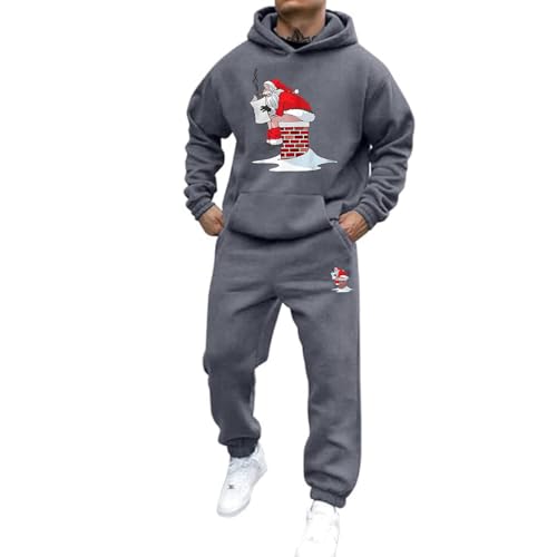 Weihnachts Jogginganzug Herren Set Funny Weihnachten Tracksuit 2-Teiliges Lustig Rentier Santa Hausanzug Männer Kuschelig Kapuzenpullover und Jogginghose Warm Weihnachtsoutfit Trainingsanzug Set von Mfhmom