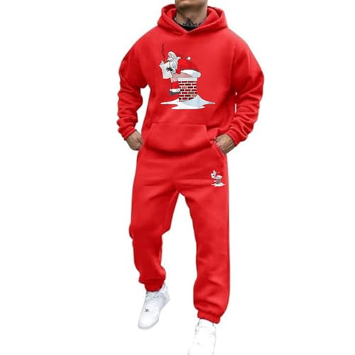 Weihnachts Jogginganzug Herren Set Funny Weihnachten Tracksuit 2-Teiliges Lustig Rentier Santa Hausanzug Männer Kuschelig Kapuzenpullover und Jogginghose Warm Weihnachtsoutfit Trainingsanzug Set von Mfhmom