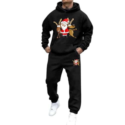 Weihnachts Jogginganzug Herren Set Funny Weihnachten Tracksuit 2-Teiliges Lustig Rentier Santa Hausanzug Männer Kuschelig Kapuzenpullover und Jogginghose Warm Weihnachtsoutfit Trainingsanzug Set von Mfhmom
