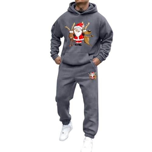 Weihnachts Jogginganzug Herren Set Funny Weihnachten Tracksuit 2-Teiliges Lustig Rentier Santa Hausanzug Männer Kuschelig Kapuzenpullover und Jogginghose Warm Weihnachtsoutfit Trainingsanzug Set von Mfhmom