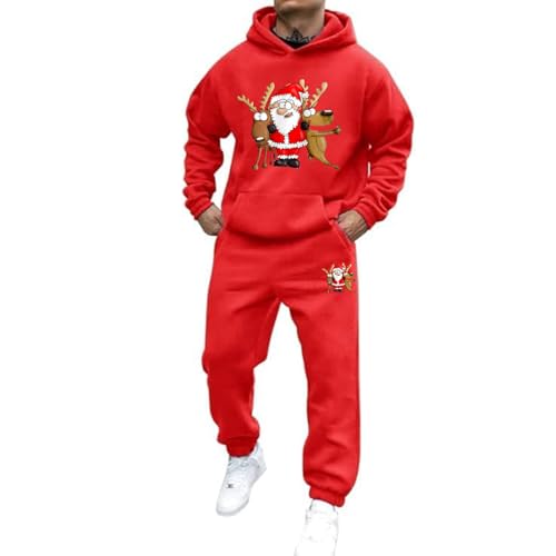 Weihnachts Jogginganzug Herren Set Funny Weihnachten Tracksuit 2-Teiliges Lustig Rentier Santa Hausanzug Männer Kuschelig Kapuzenpullover und Jogginghose Warm Weihnachtsoutfit Trainingsanzug Set von Mfhmom