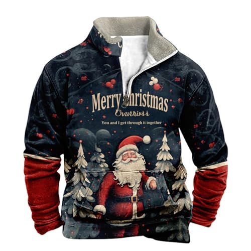 Weihnachtspullover Herren Lustige Grafik, Weihnachts Fleecepullover Sale Sweatshirt Weihnachten Drucken Dicker Thermo Sweater Ugly Christmas Jumper Stehkragen Halber Reißverschluss Pullover Oberteil von Mfhmom