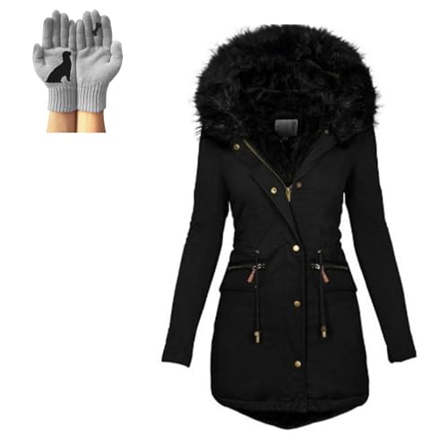 Wintermantel Damen Lang Warm Winterjacke Fleece Gefütterter Parka mit Kapuze Teddyfleece Mäntel Reißverschluss Winterparka Winddichte Baumwolle Kapuzenmantel Draussen mit Gestrickte Handschuhe von Mfhmom